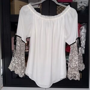 White House Black Market Women's Blouse White Lace Floral Off The Shoulder